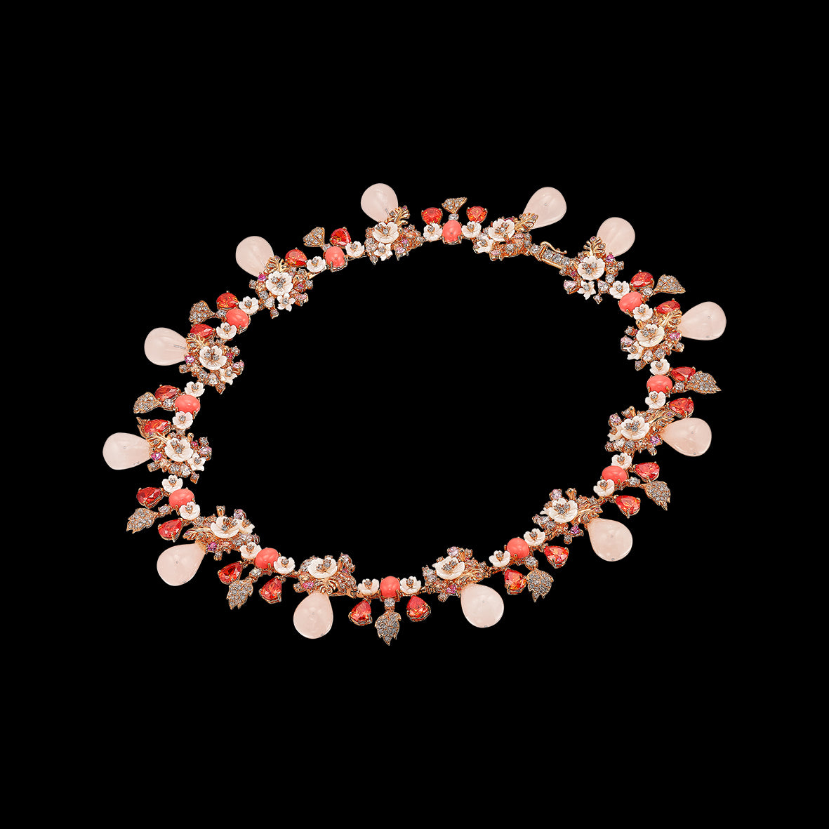 Coral Quartz Palm Paradise Necklace, Necklace, Anabela Chan Joaillerie - Fine jewelry with laboratory grown and created gemstones hand-crafted in the United Kingdom. Anabela Chan Joaillerie is the first fine jewellery brand in the world to champion laboratory-grown and created gemstones with high jewellery design, artisanal craftsmanship and a focus on ethical and sustainable innovations.